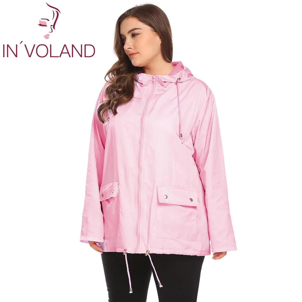 IN'VOLAND размера плюс XL-5XL, Женская дождевик, пальто с капюшоном, повседневный большой дождевик с завязками, одноцветная водонепроницаемая куртка большого размера