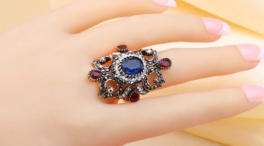 Уникальное большое богемное кольцо, турецкое античное Золотое кольцо с кристаллами для женщин, винтажные ювелирные изделия, модные аксессуары