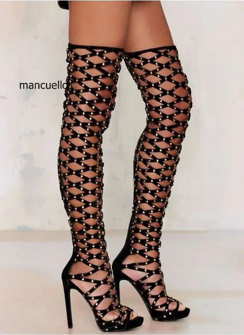 Unique Design Women Black Rivets Cut Out Over Keen High Gladiator Sandals Open Toe Stiletto Heel Boots Fashion Sandal Booties Unique Design Women Black Rivets Cut Out Over Keen High Gladiator Sandals Open Toe Stiletto Heel Boots Fashion Sandal Booties