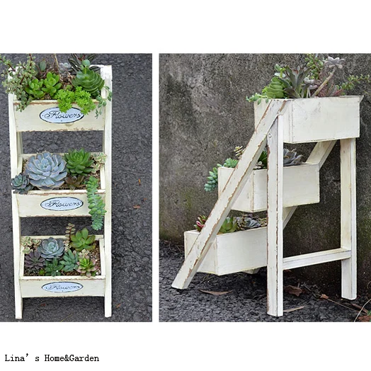3 tier ladder style foldable shabby off-white wood flower stand designs (2)