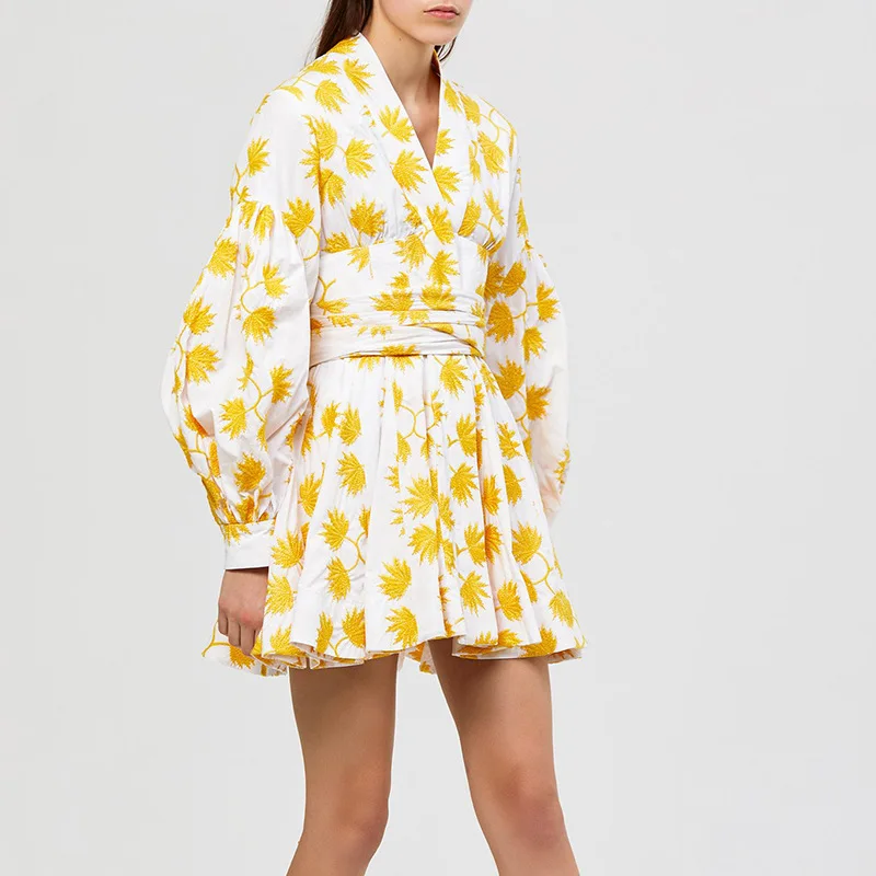 

Australia popular New style fashion elegant lantern-sleeve bow lace-up printed A-line dress Women yellow S-L casual dress