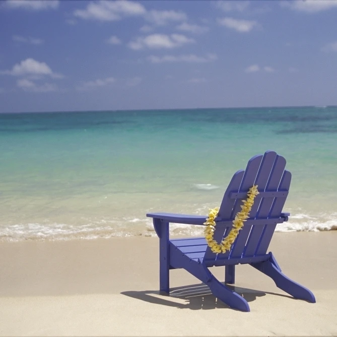 Plumeria Lei Hanging Over Blue Beach Chair Along Shoreline Poster Print (19 x 12)