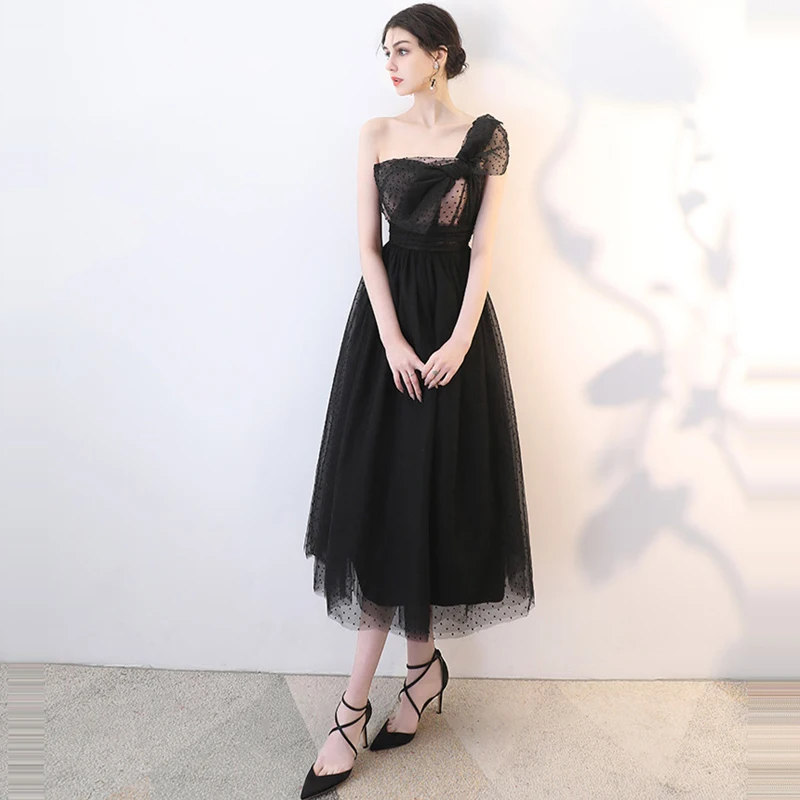 

Beauty Emily Prom Gowns Black O-shoulder Big Bow A-line Tulle Ankle length Custom Plus size 2019 Party Prom Dresses
