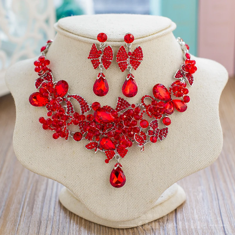 Charm red Rhinestone female necklace+earrings pendants collares water drop statement necklace