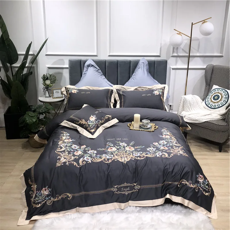 

New Gray Blue Pink Green Luxury Flowers Embroidery Egyptian Cotton Bedding Set Duvet Cover Bed sheet Bed Linen Pillowcases 4pcs