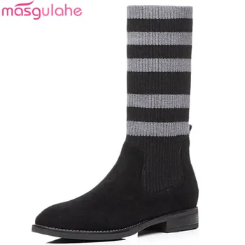 

Masgulahe big size 33-43 fashion autumn winter boots women round toe low heels boots knitting+suede leather boots classic