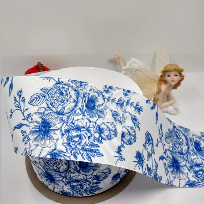 Blue flowers white background grosgrain ribbon