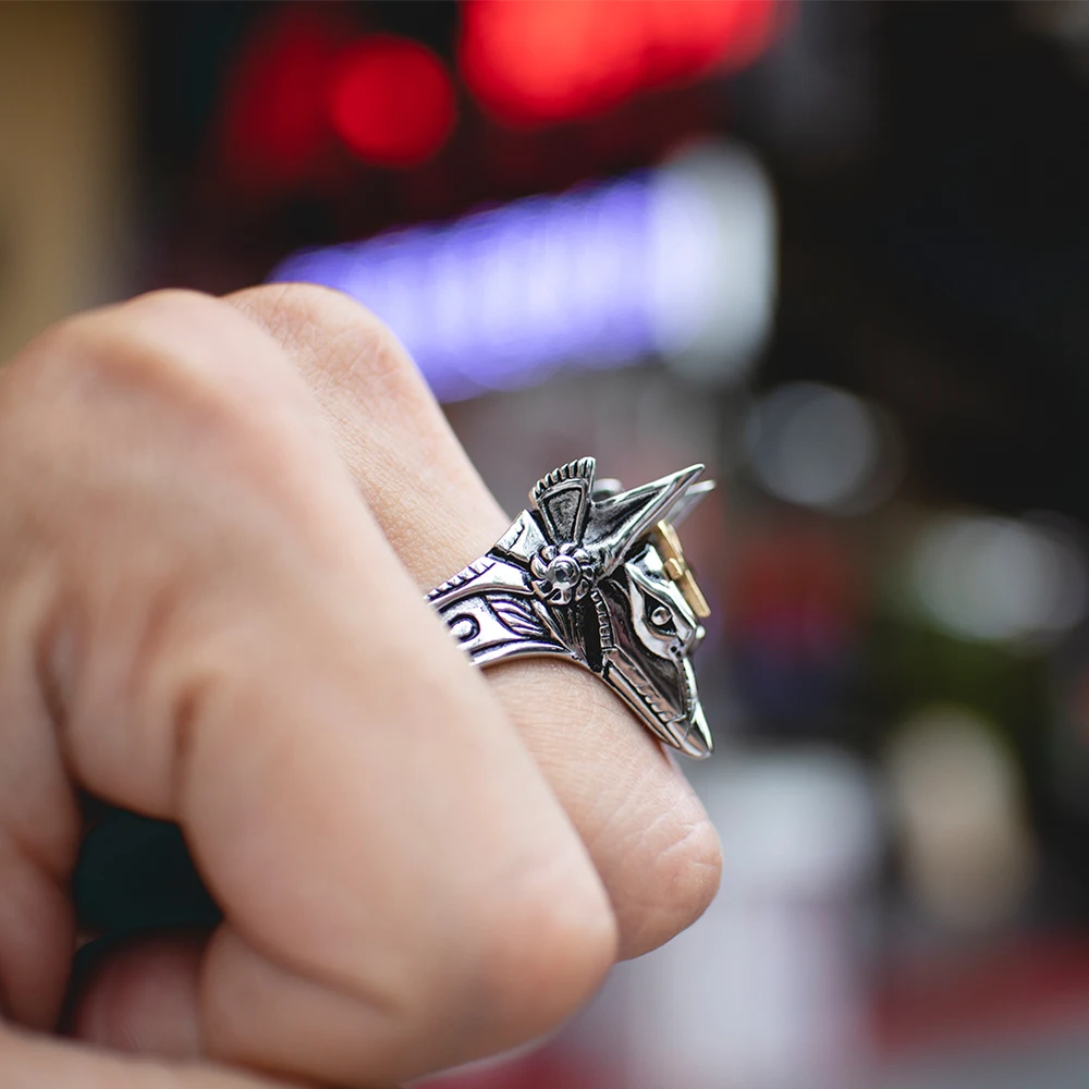 Cena Nowy dominujący kreatywny Anubis egipski pierścionek krzyż bague titanium stalowa męska punk pierścionki biżuteria Anubis mężczyźni pierścień moda proste