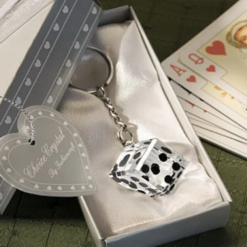 

FREE SHIPPING(9pcs/Lot)+Las Vegas Themed Chrome Keychain with Crystal Dice In Gift Box Wedding Favors Party Giveaway For Guest