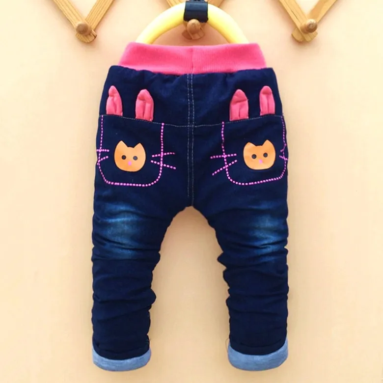 2016 new winter item girl rabbit thick jeans pant kids warm denim