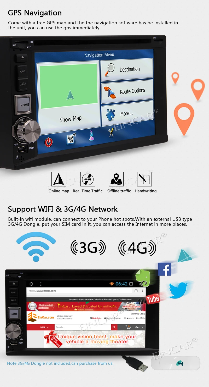 Excellent EinCar 2din Android 7.1 Car dvd Stereo Receiver with Bluetooth and GPS Navigation Multi-point Touch screen with Wifi Rear Camera 5