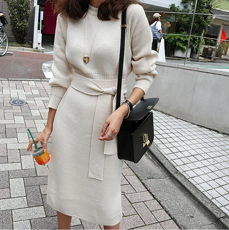 Women Knitted Sweater Dress 2017 Korean Style Knee Length Long Knit