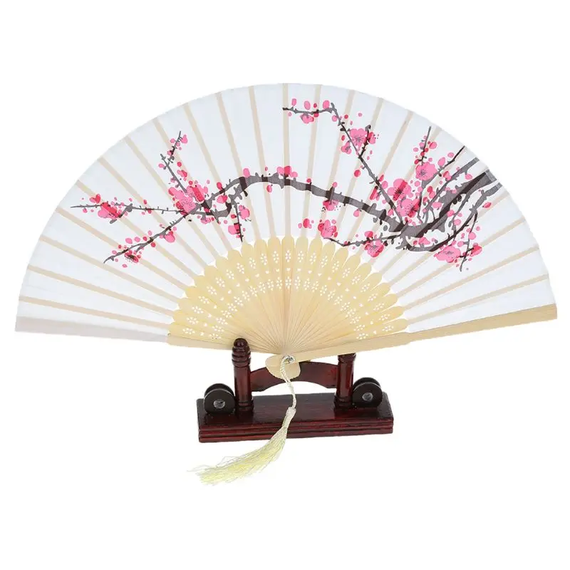 Винтажный китайский складной ручной вентилятор японский цветок сливы кисточкой Шелковый Бамбук Свадебная вечеринка танцы Декор подарок