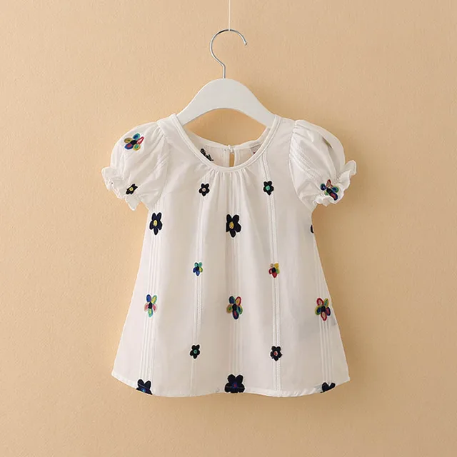 Summer Baby Girls White Blouse Embroidery Flower Cotton Shirts Kids Clothes Children Girls Short