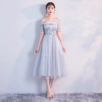 

One Shoulder Embroidery Grey Colour Midi Dress Wedding Party Dresses for Women Bridesmaid Dresses