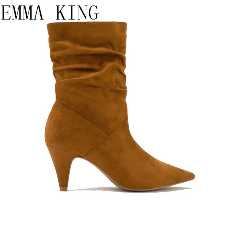 

New Fall Rome Style Shoes Women Pointed Toe Suede Heel Boots Pleated Fashion Winter Booties Botas Mujer 2018