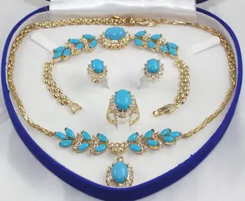 

1set 18K Yellow Gold GP Inlay Turquoise Necklace Bracelet Earring Ring AA No box