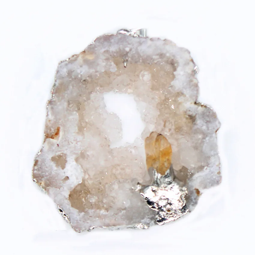 

100-Unique 1 Pcs Silver Plated Irregular Shape Original Rock Crystal With Yellow Citrines Pendant Geode Jewelry