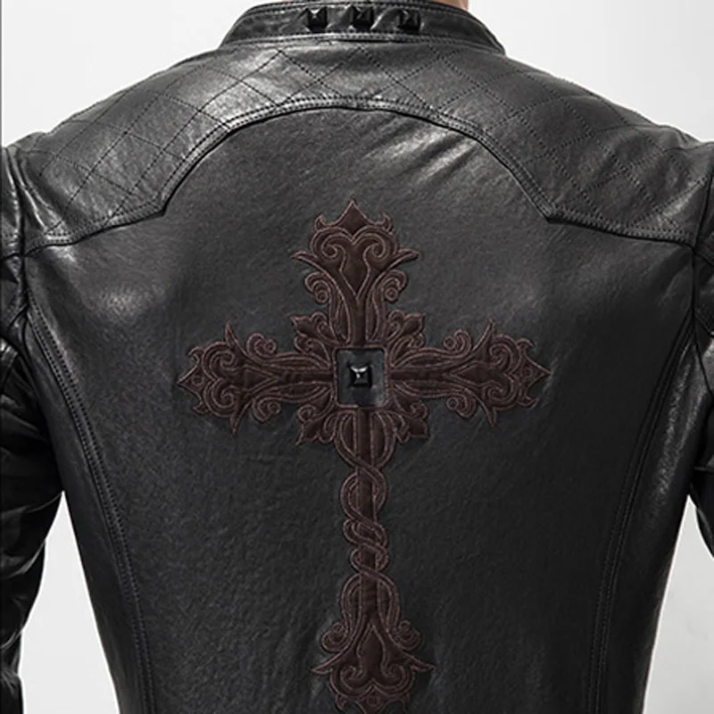 Мужская куртка из натуральной кожи, мотоциклетная куртка с вышивкой, приталенная верхняя одежда из настоящей козьей кожи, Короткая Повседневная куртка TJ07