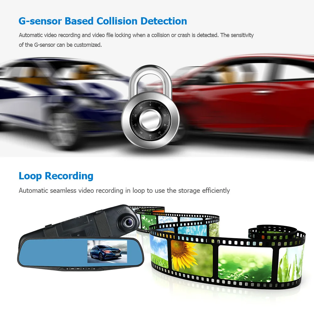 FHD 1080P 4,3 ''двойной объектив Автомобильный видеорегистратор зеркало заднего вида видеорегистратор видеокамера рекордер