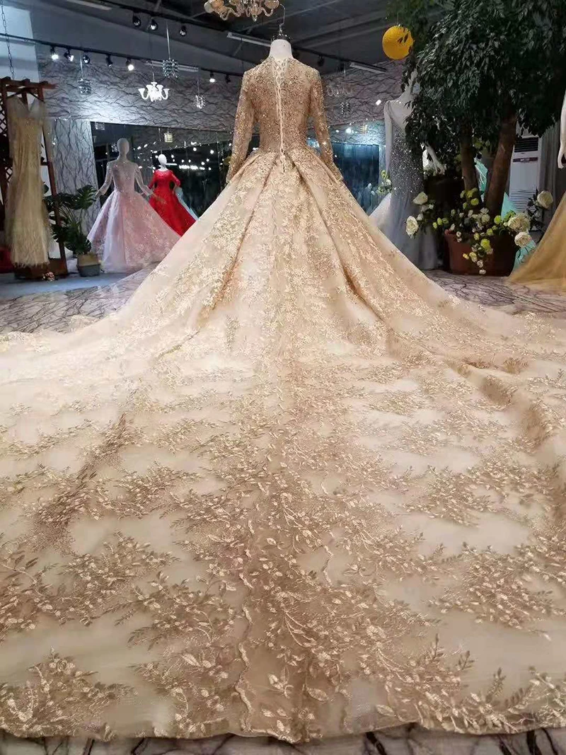 LSS219 Золотое кружевное свадебное платье цвета шампанского с v-образным вырезом и длинными рукавами на шнуровке сзади свадебное вечернее платье с блестящим королевским шлейфом