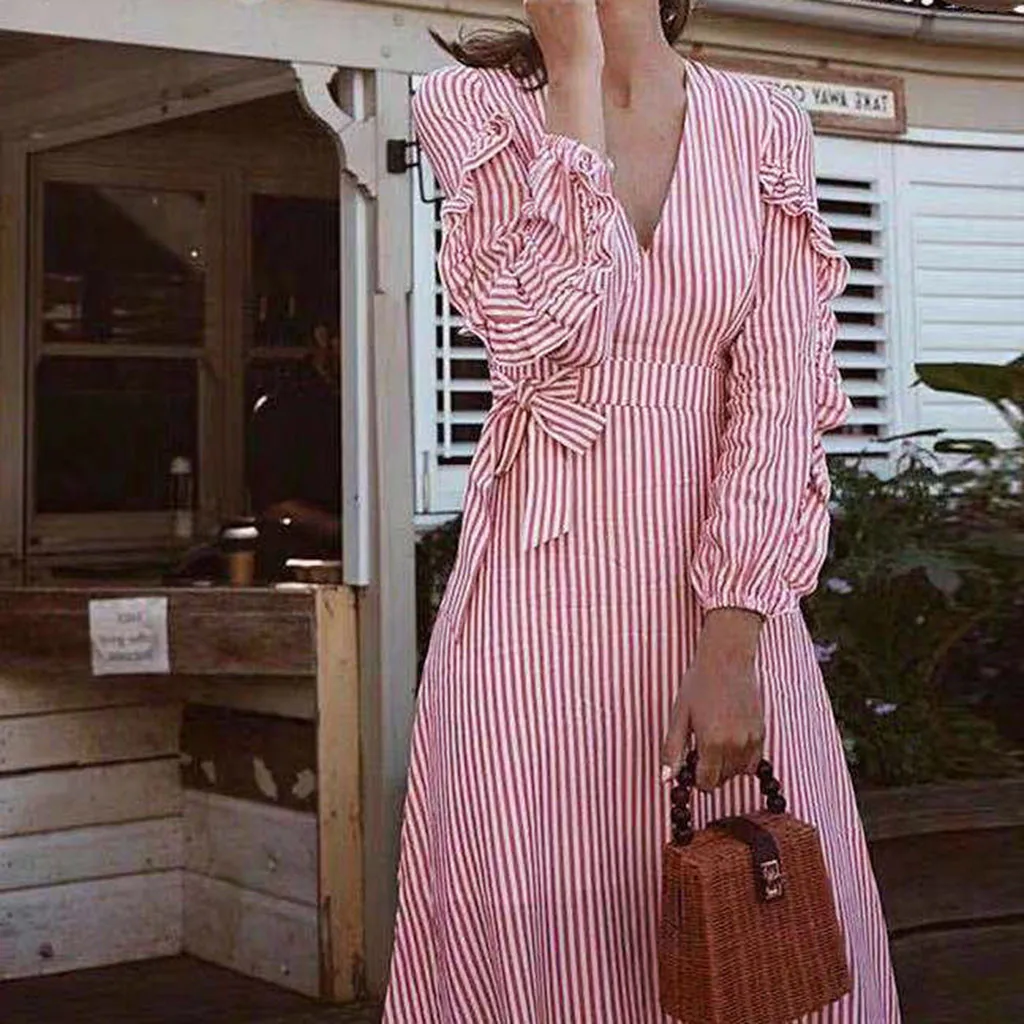 

2019 Women Summer Dress Long Sleeve Striped Print Dress Ruffles Casual A-Line Ankl-Length Vintage Party Dresses Vestidos