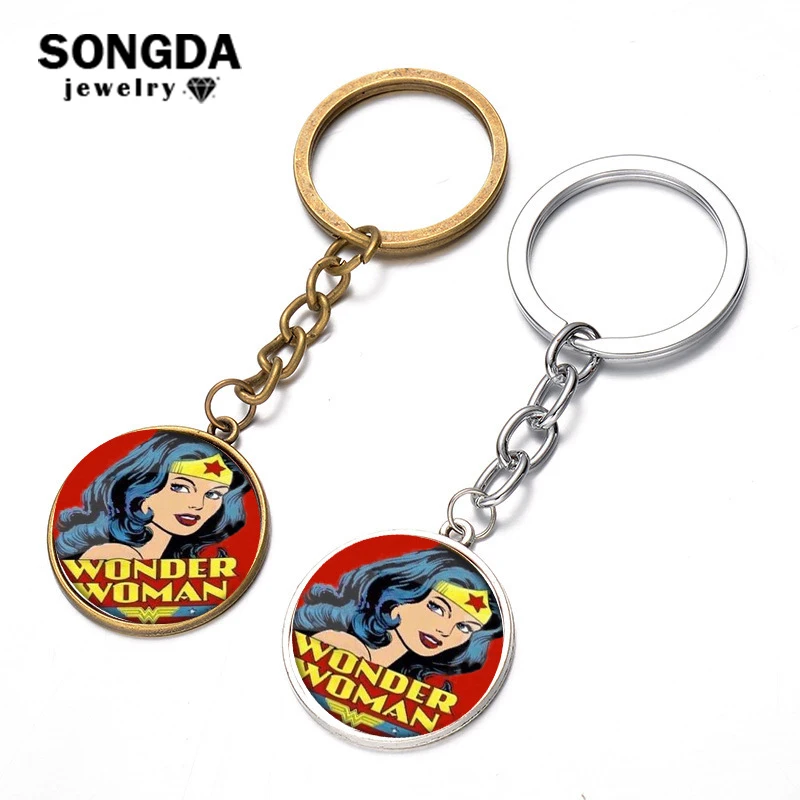

SONGDA Anime Comics Wonder Woman Key Chain DC Superhero Series Zinc Alloy Key Ring Holder Super Girl Art Photo Handmade Keychain