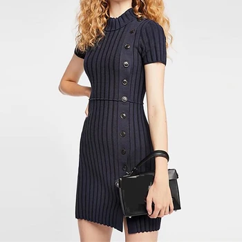 

American Style Women Knitted Short Sleeve Solid Sheath Mini Dress O-neck Elegant Women Skinny Bodycon Front Button Mini Dress