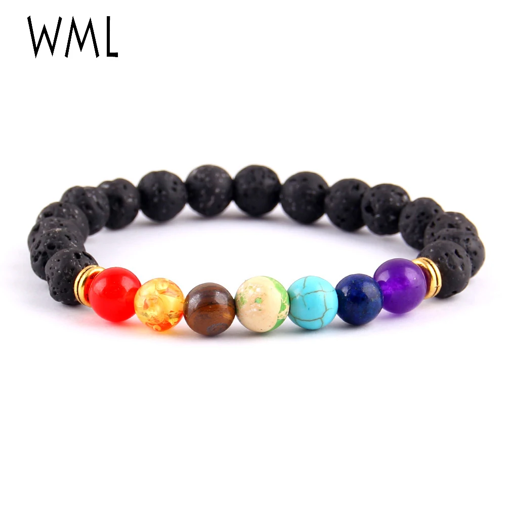 

7 Chakra Bracelet Men Black Lava Healing Balance Beads Reiki Buddha Prayer Natural Stone Yoga women Bracelet For Women jewelry