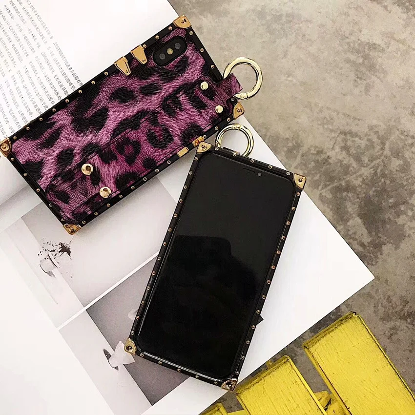 Fashion leopard-print metal wrist strap case for iphone  X XR XS MAX 7 8 6 6S plus square four-corner protection phone cover capa (9)
