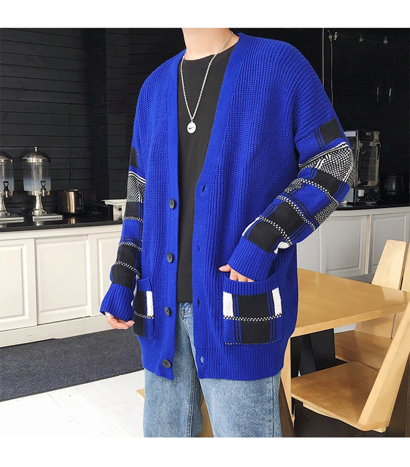 Korean Oversized Sweater Cardigan Men Plaid  (25)