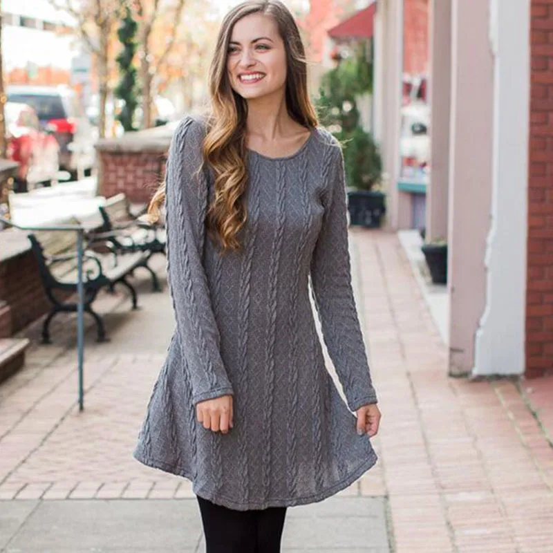 

Long-sleeved round neck hedging in the waist spliced A-type skirt multi-color multi-code knit sweater women's dress