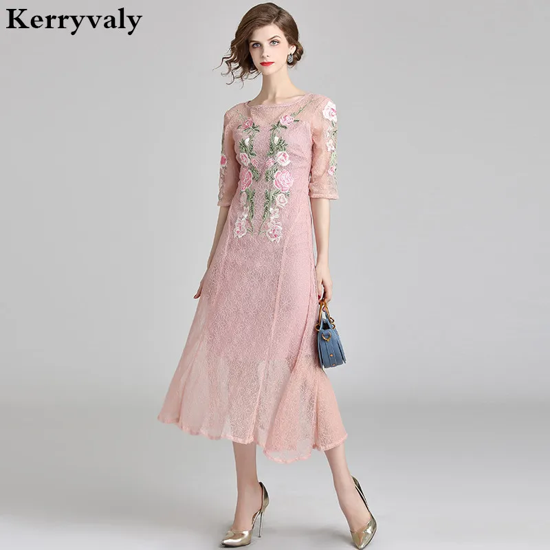 pink floral embroidered dress