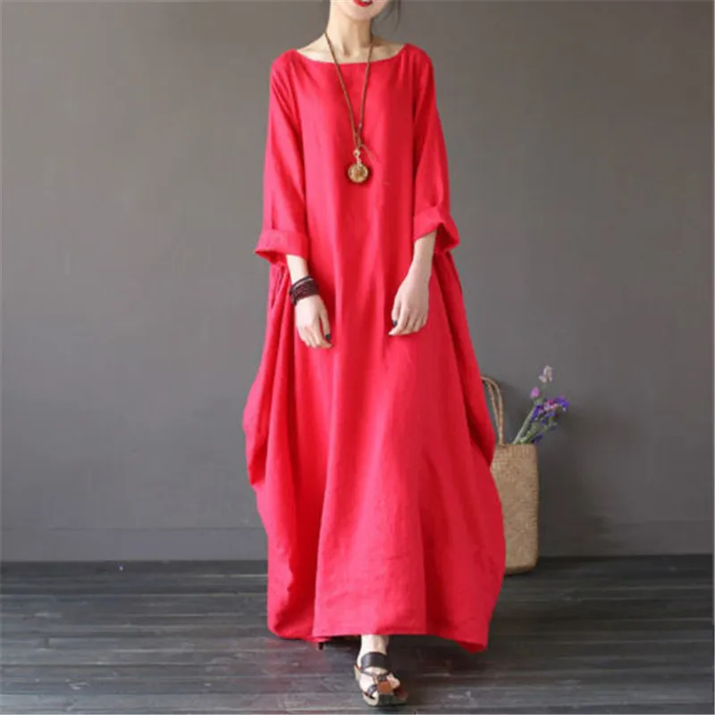 Женское льняное платье-туника Boho Повседневное большого размера однотонное