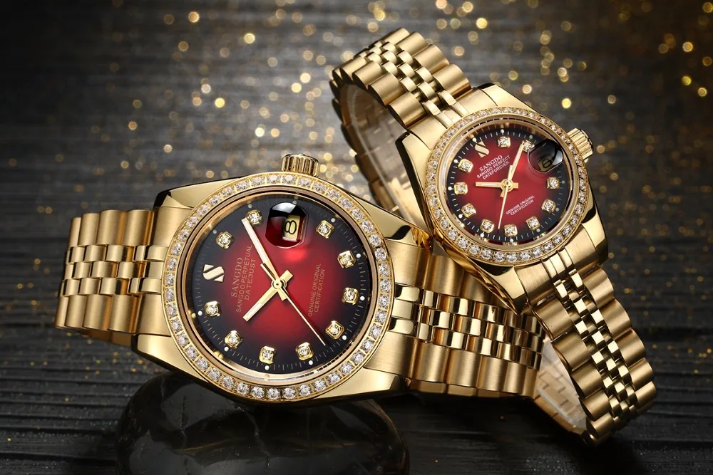 SANGDO черный-красный циферблат Самовзводные движение высокое качество роскошные часы, пары покрытие 18KY механические часы 013 s