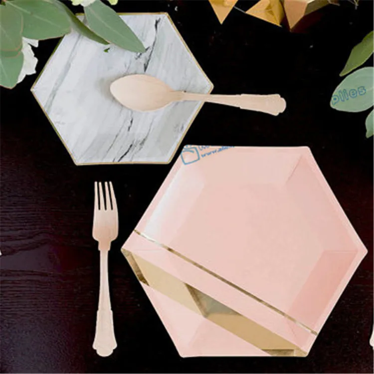 72 шт шестигранные бумажные тарелки пастельный розовый мрамор и Золотая фольга шестигранные маленькие бумажные тарелки для вечеринки для детского душа день рождения Декор