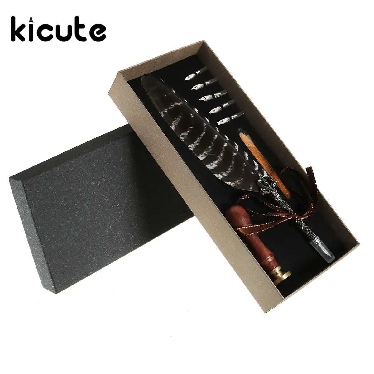 Kicute винтажная ручка-авторучка ручка с птичьим пером металлические наконечники Dip письма черные чернила набор канцелярских принадлежностей с 5 Nib коллекционные принадлежности