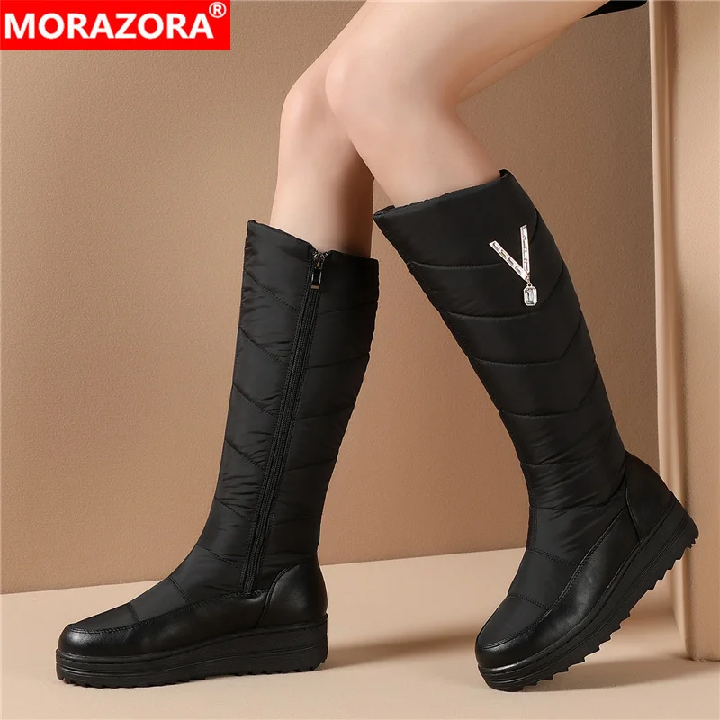 Женские сапоги с кристаллами MORAZORA черные до колена на плоской платформе молнии