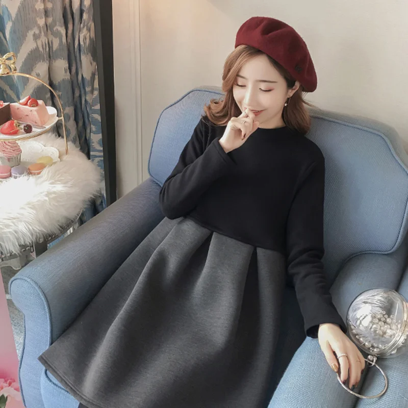 Autumn Winter Maternity Dresses Korean Patchwork Zip Thick Pregnancy Dress Pregnant Women Plus Size Vestidos De Maternidad