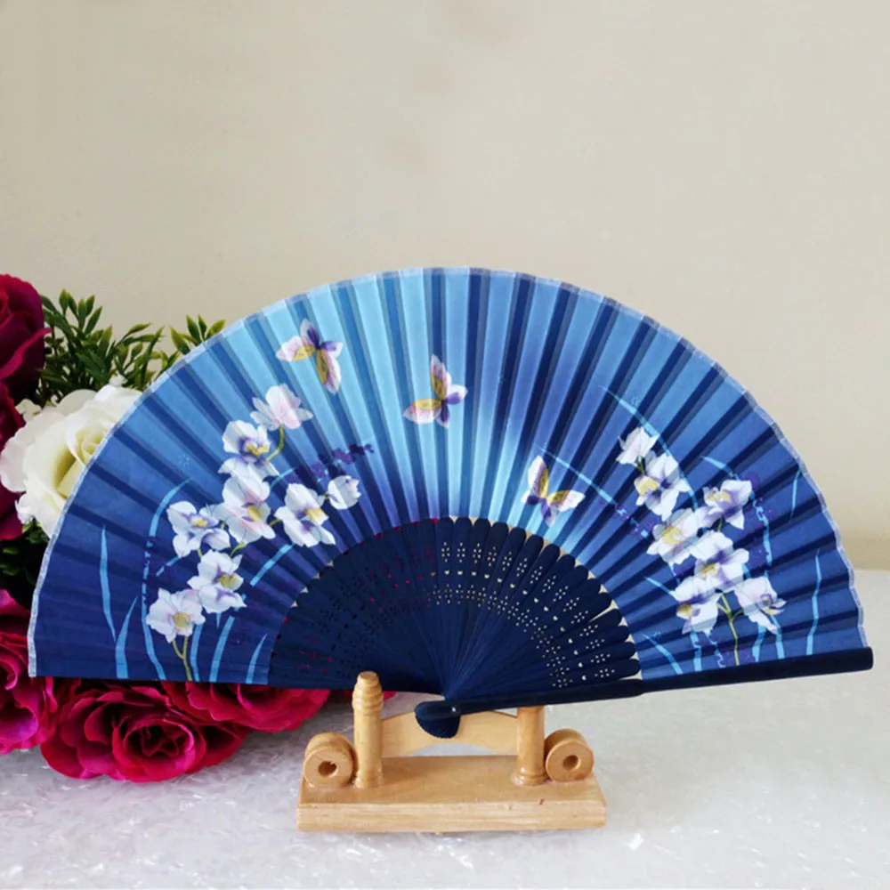 Flower Butterfly Pattern Folding Dance Wedding Party Lace Silk Folding Hand Held Flower Fan G619 - Цвет: A