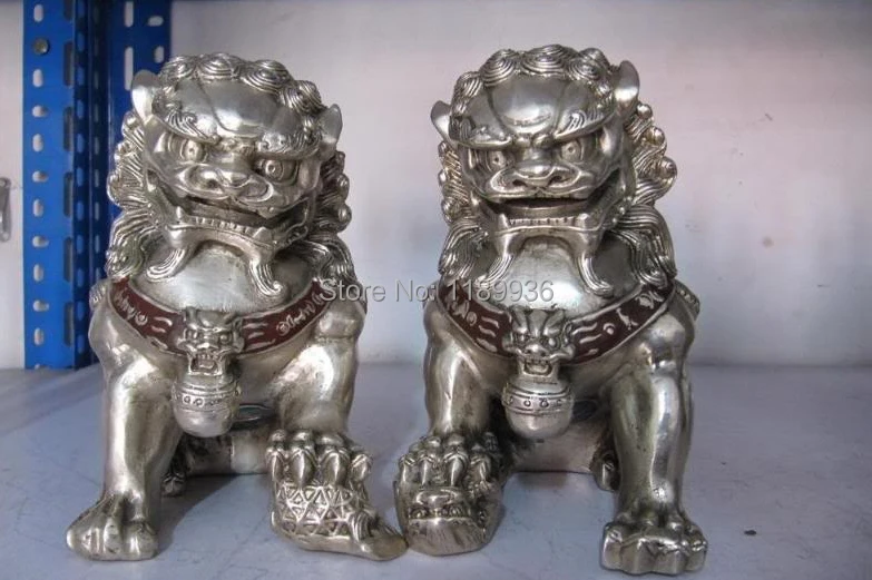 Chinese regius Copper Silver talisman Kirin kylin beast Door Foo Dog Lion Pair | Дом и сад