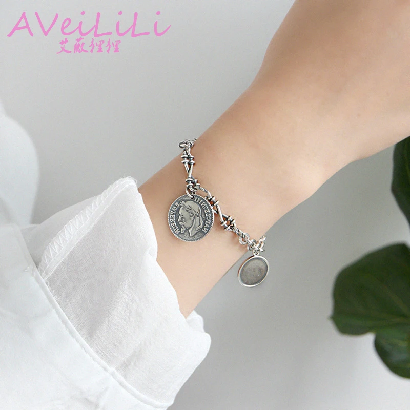 

925 sterling silver Bracelets jewelry Clock character avatar coin cross pendant twisted chain Charm Bracelet ancient silver