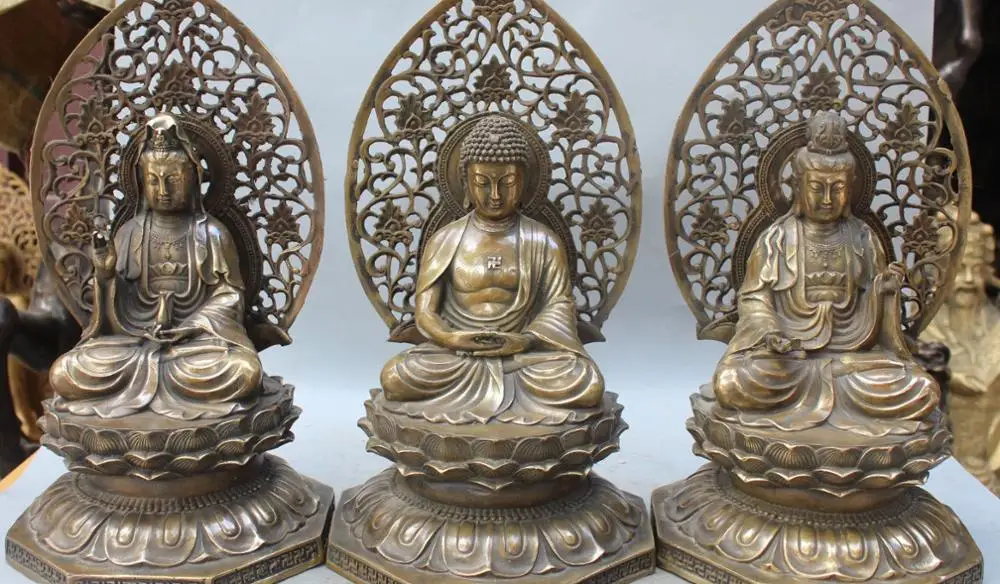 

14" Chinese Buddhism Bronze Western 3 Gods Kwan-yin Shakyamuni Buddha Statue Set