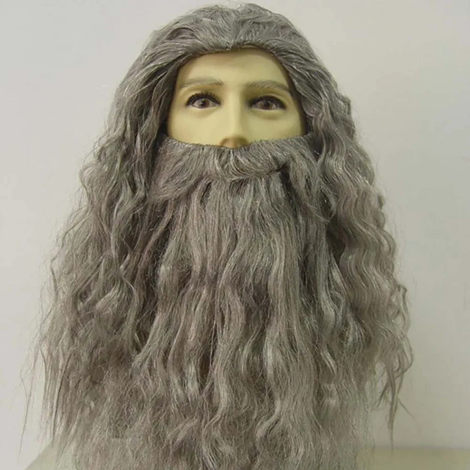 Wizard Gandalf Cosplay Wig Long Curly Hair Grey Beard Outfit Old