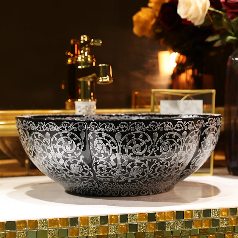 Artistic Painting Flower shape Porcelain Art Countertop Washnasin Ceramic Blue Bathroom Vessel Sinks Vanities chinese wash hand basin (9)
