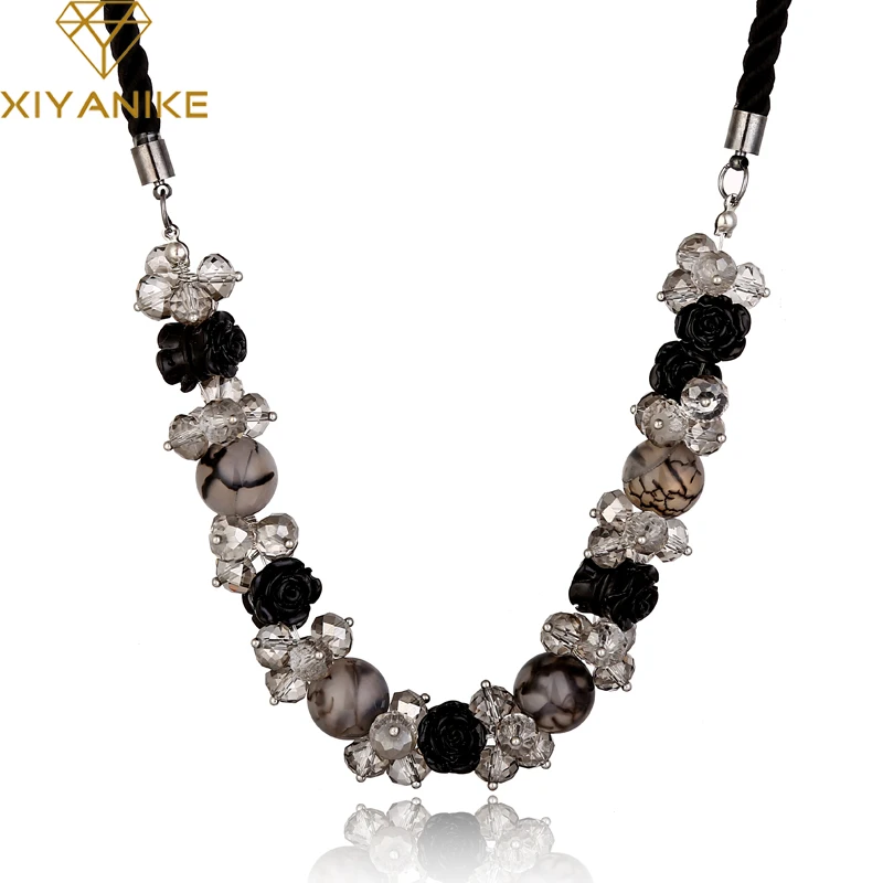 

XIYANIKE 2017 New Brand Luxury Crystal Beads Black Flower Necklaces & Pendants Choker Statement Necklace Women Jewelry N86