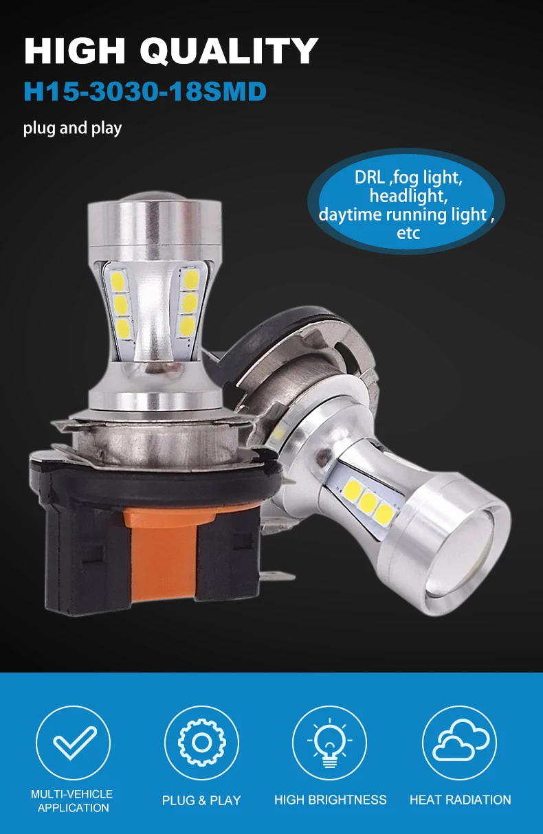 2x H15 светодиодный лампы высокой Мощность 6000 K белый 18SMD 3030 для Габаритные огни лампочка для противотуманных фар Лампа 6000-6500 K чистый белый 12 v