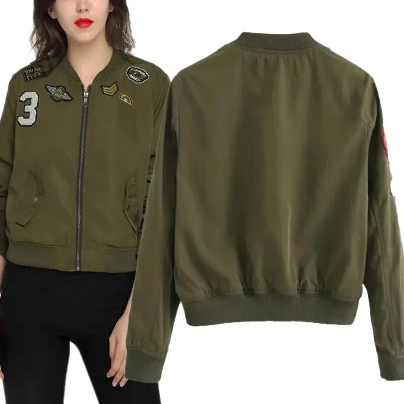 Fashion Army Green Women Bomber Jackets Female Coat Flight Suit Casual Print Jacket Embroidered Patches Women Basic CoatsLQ