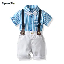 Топ и топ, модные комплекты одежды для мальчиков летняя рубашка с лацканами Топы+ штаны на подтяжках Костюм Джентльмена комплекты с шортами для детей Bebe