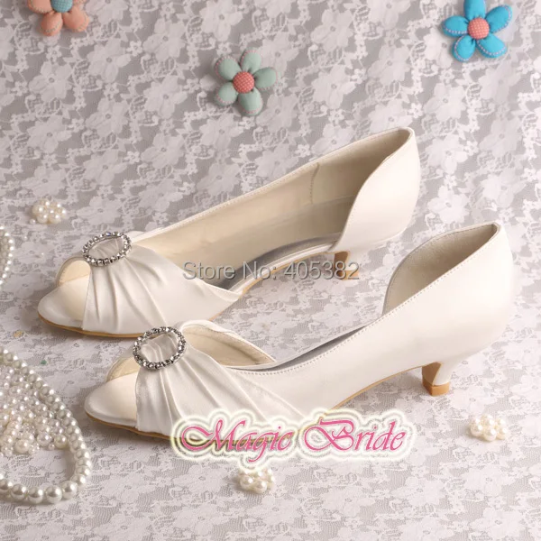 Custom Handmade Women Wedding Low Heels Dress Shoes Off White Satin Open Toein Women's Pumps